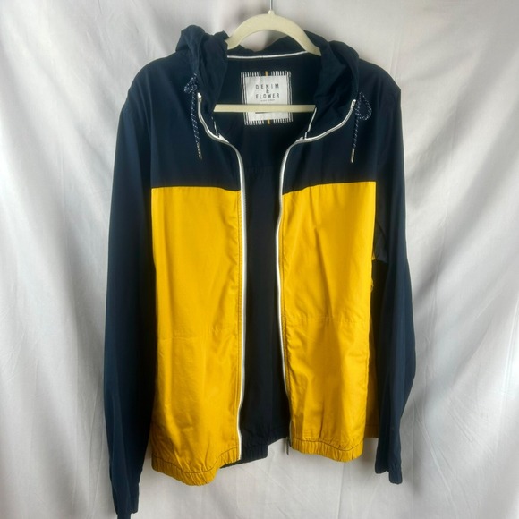 Denim & Flower Rick Singh Cotton Jacket Large Colorblock Hood Navy Blue Yellow‎ - Picture 3 of 8